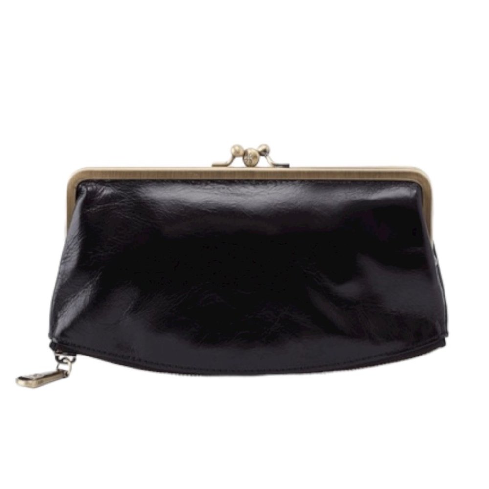 Hobo Millie Frame Zipper Bottom Clutch Wallet Black Leather Kiss Lock
